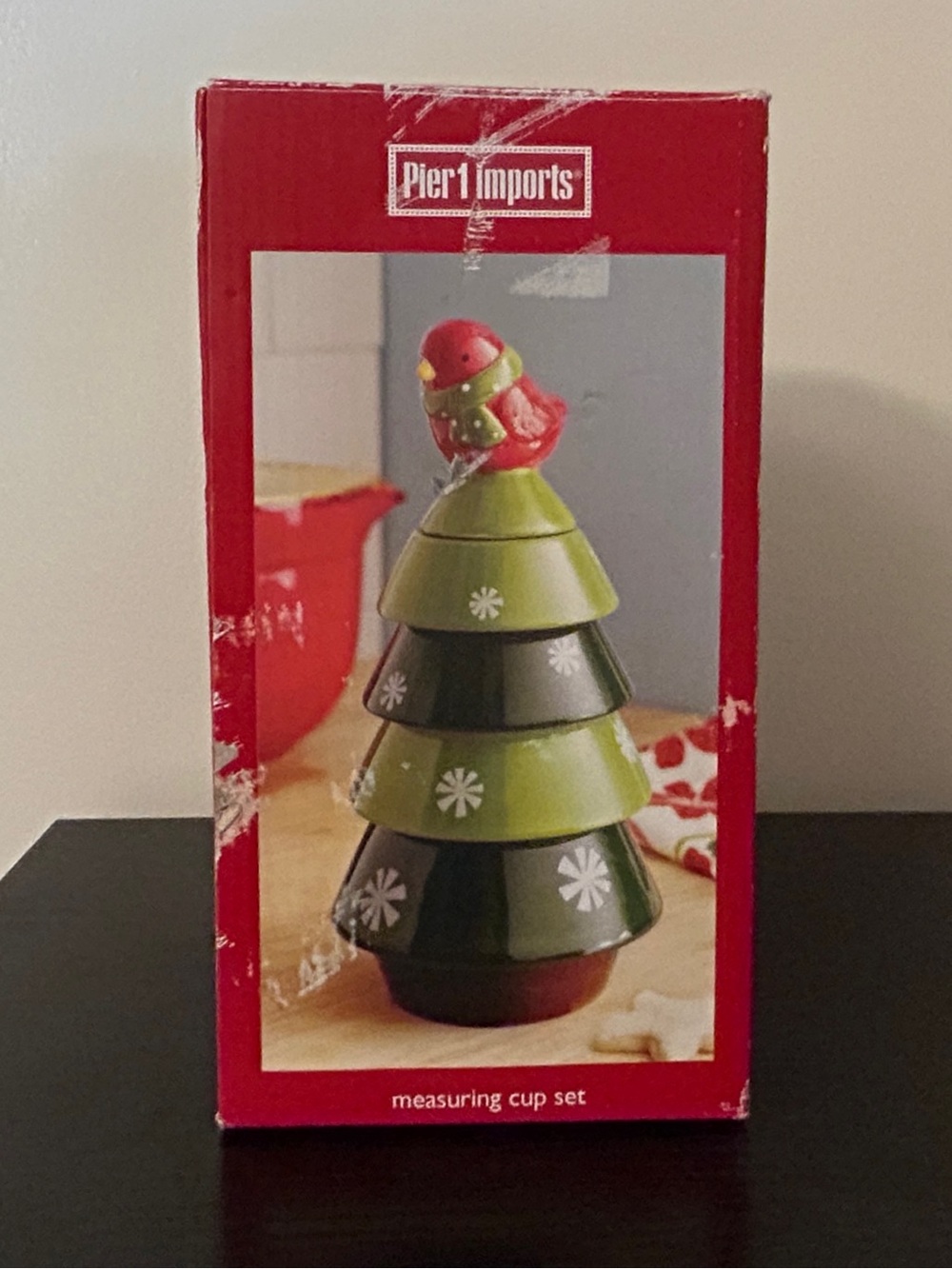 Christmas Tree Measurement Cup Set Pier 1 in Box Green Red Bird Unused